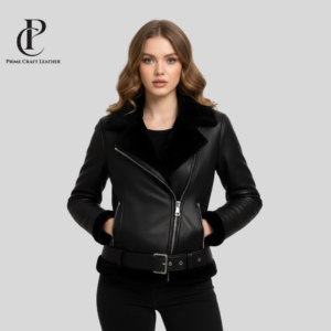 Women's Black Aviator Shearling Biker Jacket