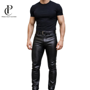 Front and back view of Men's Slim Fit Black Genuine Leather 5-Pocket Trousers by Prime Craft Leather