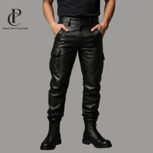 Front and back view of Men's Tactical Black Genuine Leather Cargo Trousers with utility pockets by Prime Craft Leather