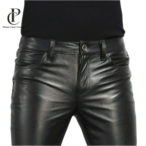 Close-up front and full rear view of Men's Super-Slim Fit Black Genuine Sheepskin Leather Trousers by Prime Craft Leather