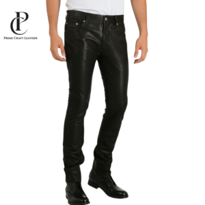 Front and back view of Men's Classic 5-Pocket Black Genuine Leather Jeans by Prime Craft Leather
