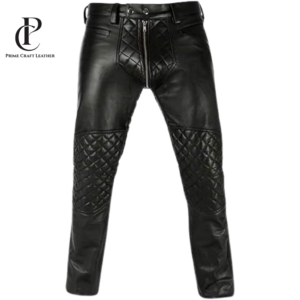 Front and rear view of Men's Black Quilted Biker Leather Pants featuring a full-through zipper and diamond-padded panels by Prime Craft Leather