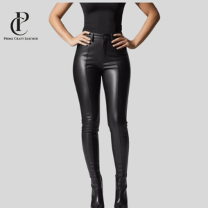 Front and rear view of Women's High-Waisted Black Panelled Genuine Leather Leggings by Prime Craft Leather