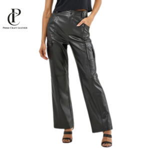 Front and back view of Women's Relaxed Fit Black Leather Cargo Pants with utility pockets by Prime Craft Leather