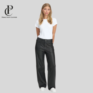 Front and back view of Women's Tailored Wide-Leg Black Leather Trousers styled with a white t-shirt by Prime Craft Leather