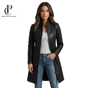 Front and back view of Women's Slim-Fit Mid-Length Black Leather Trench Coat by Prime Craft Leather